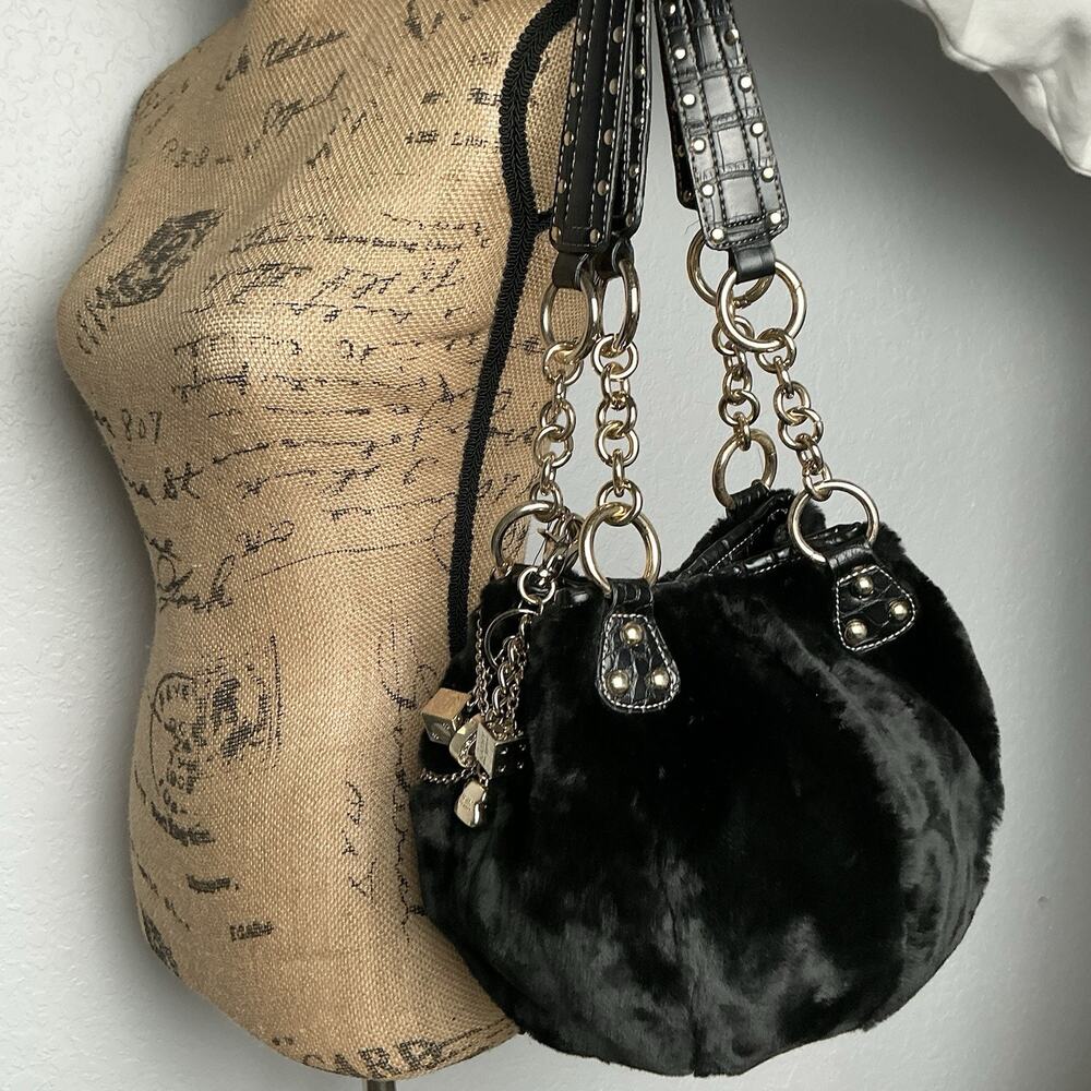 RARE Kathy Van Zeeland Black Faux Fur Purse Y2K Studded Lucky Dice Charm